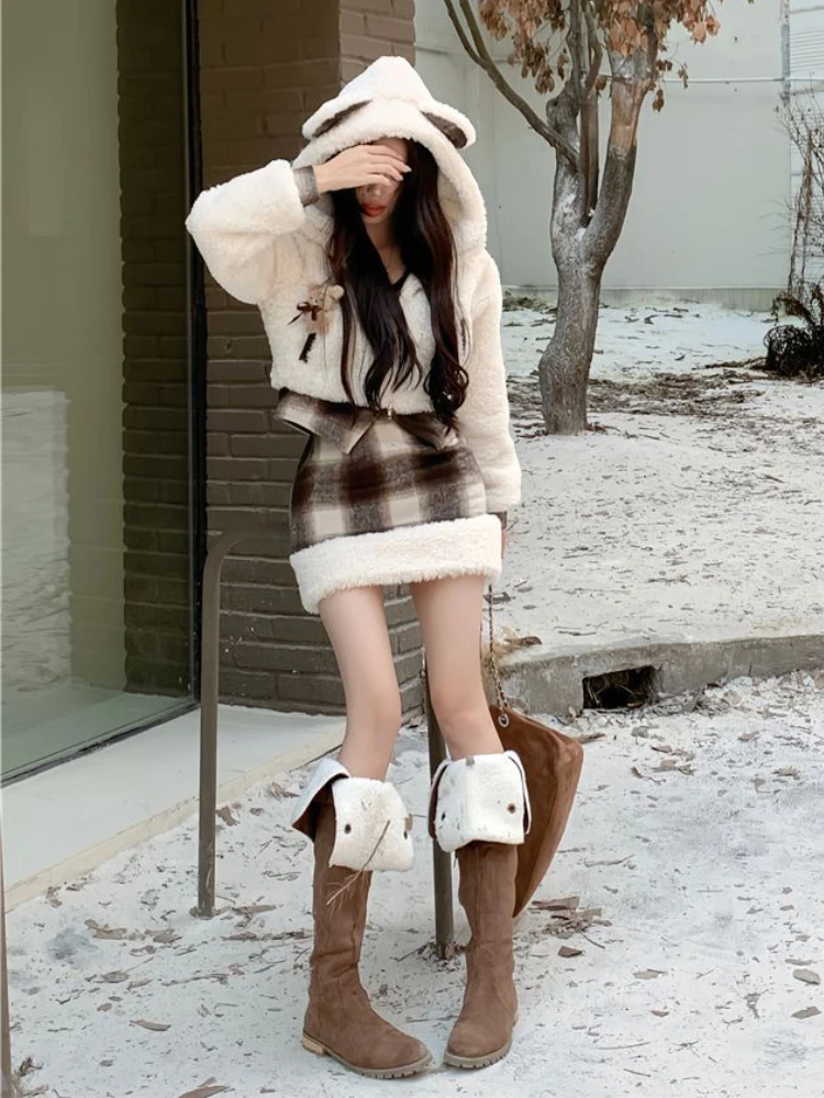 2023 Winter Sweet 2 Piece Skirt Set Women Casual Kawaii Hooded Cardigan + Y2k Vintage Plaid Skirt Korean Fashion Skirt Suit Chic