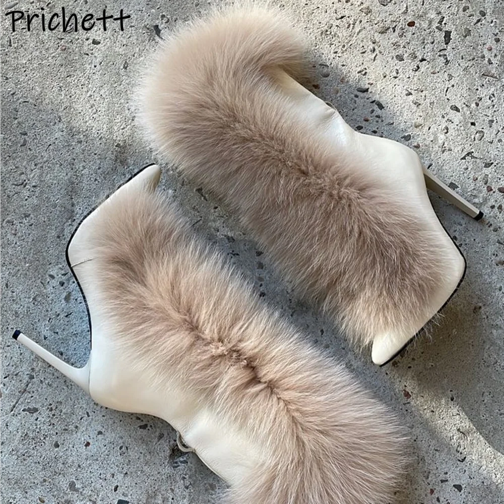 Soft Furry Winter Boots Black Brown Warm Pointy Toe Lace Up Luxury Mid Calf Boots Sexy Fashion Runway Leather Hotties Shoes