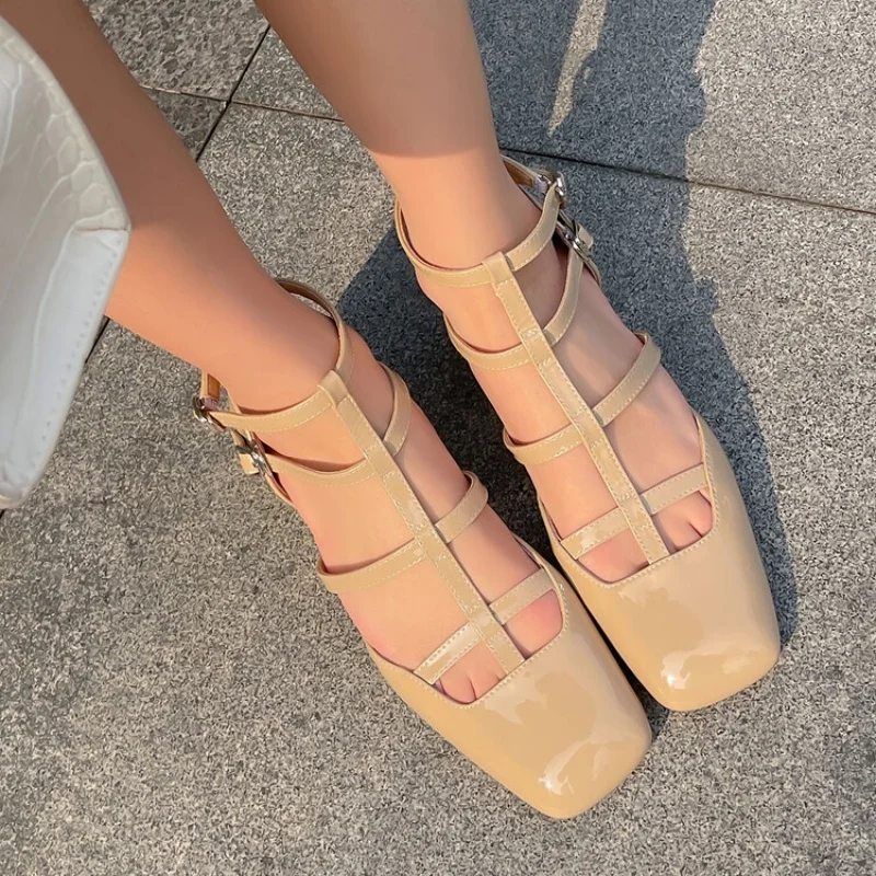 New Genuine Leather Sandals Small Square Toe Roman Shoes Comfortable Height Fashionable and Minimalist