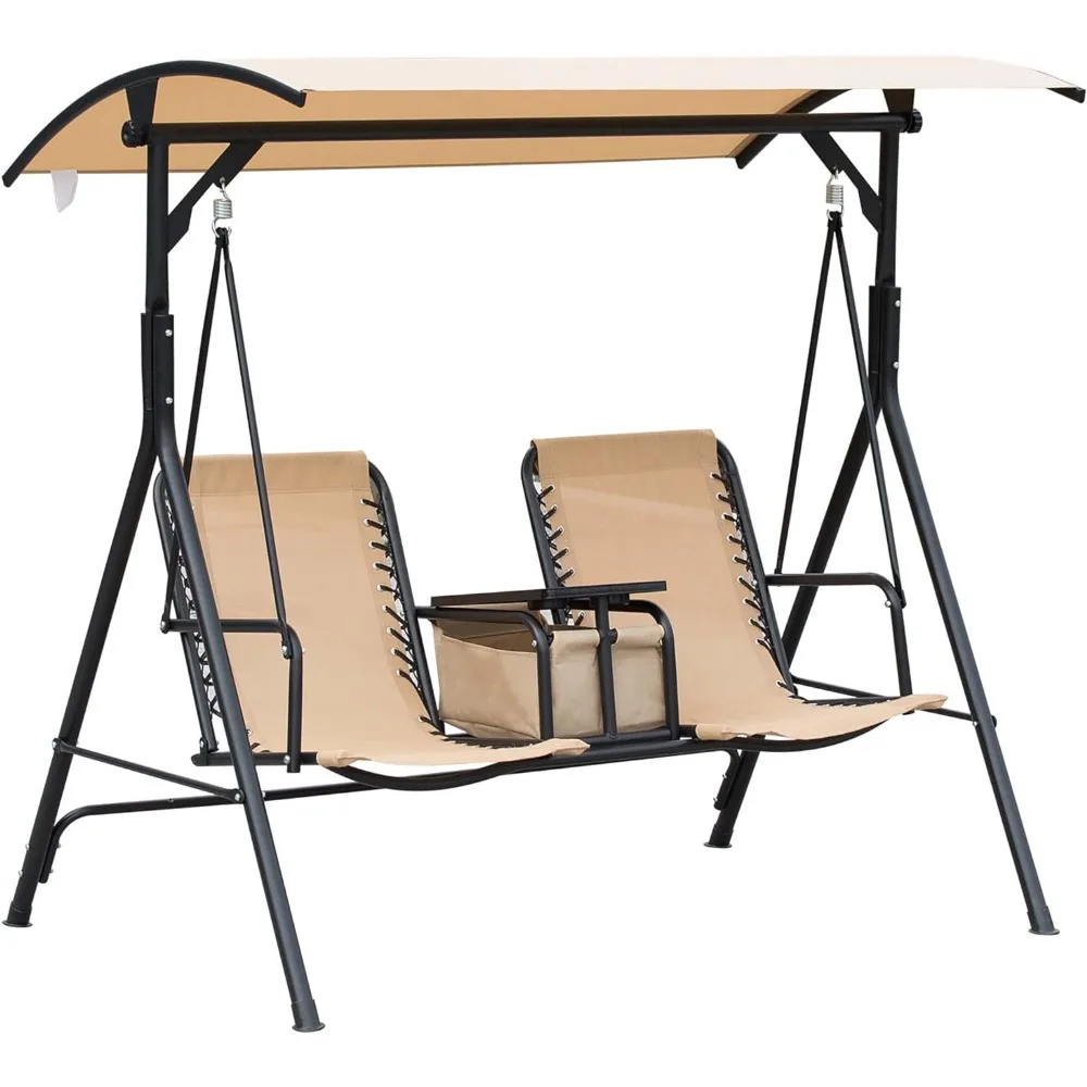 

2-Seat Patio Swing Chair, Outdoor Canopy Swing Glider with Pivot Storage Table, Cup Holder, Adjustable Shade