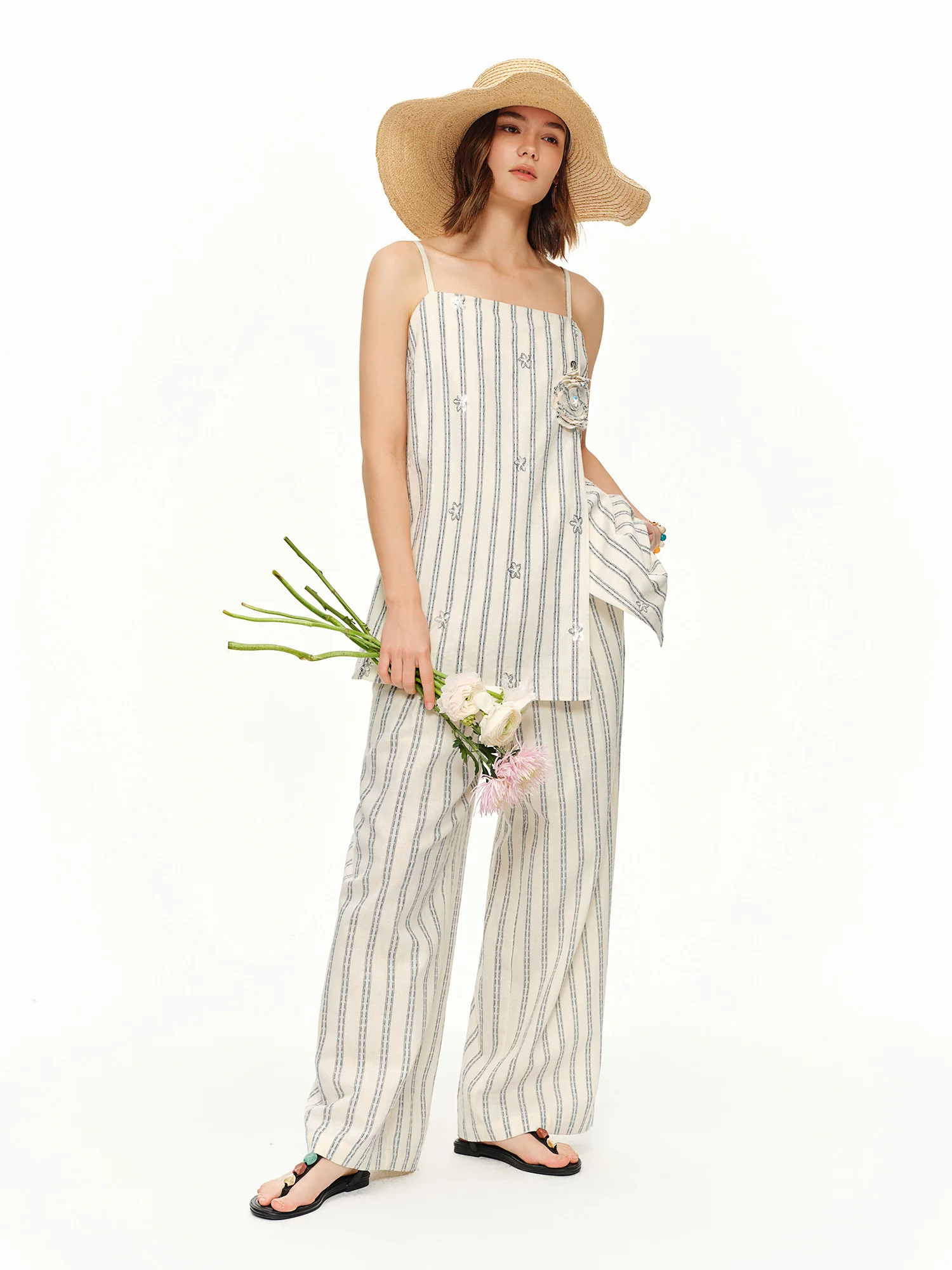 DUSHU 2026 Summer Women's Striped Linen Cotton Cami Top Beaded Brooch Flowy Sleeveless Blouse for Coquette & Boho Vacation Style