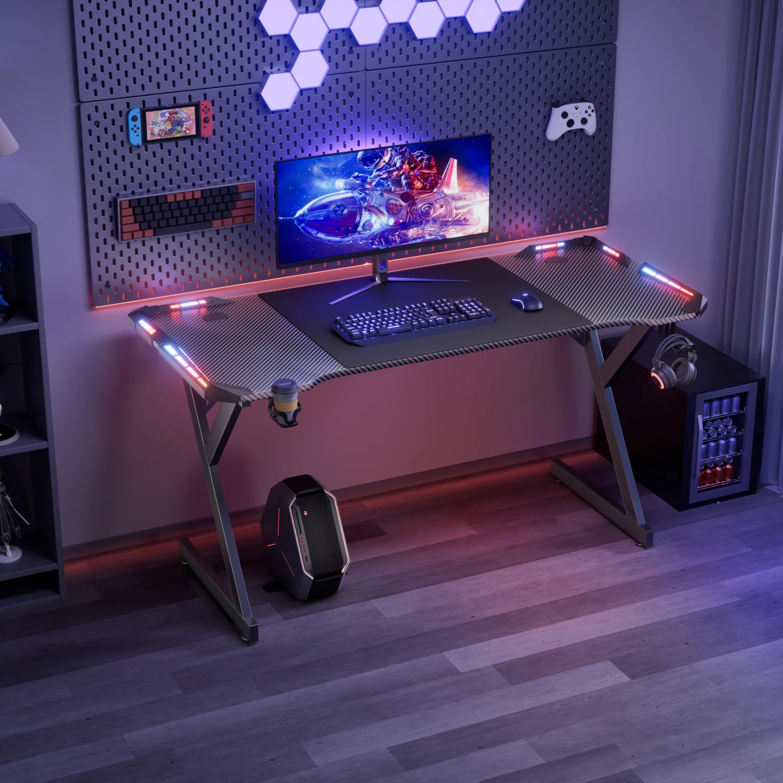 Y‑Shaped Gaming Desk with RGB LED Lights, Ergonomic Carbon‑Fiber Surface PC Workstation Table with Headphone Hook & Cup Holder