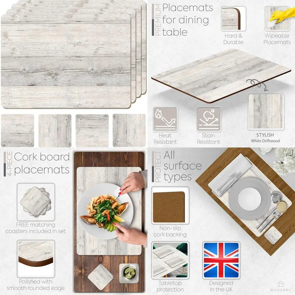 

Heat Resistant Cork Placemats Set of 4 with Matching Drink Coasters, Dining Table Protection, 16x1 Inches, Wood Design Print