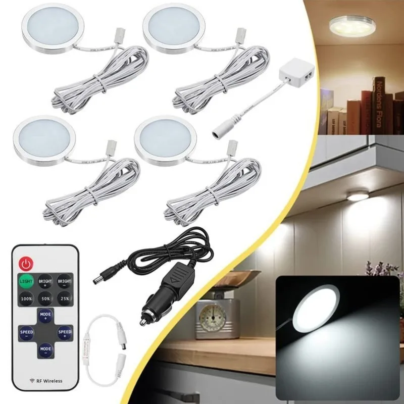 طقم إضاءة LED تحت الكابين من 1 إلى 6 أضواء كاشفة لاسلكية عن بعد قابلة للتعتيم لخزانة المطبخ مدعومة بقابس ولاعة السيارة