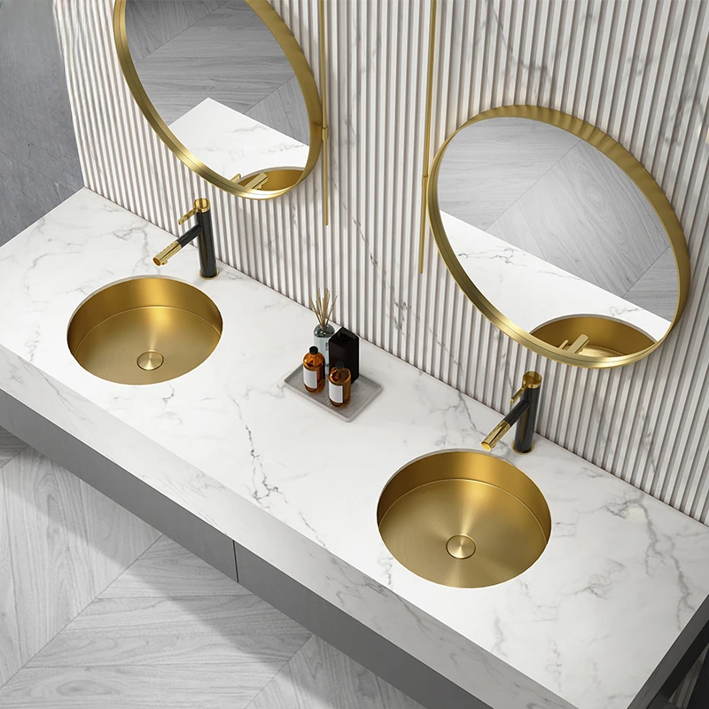 Gold circular stainless steel basin under the counter, small bar counter, sink, hotel bathroom, embedded basin