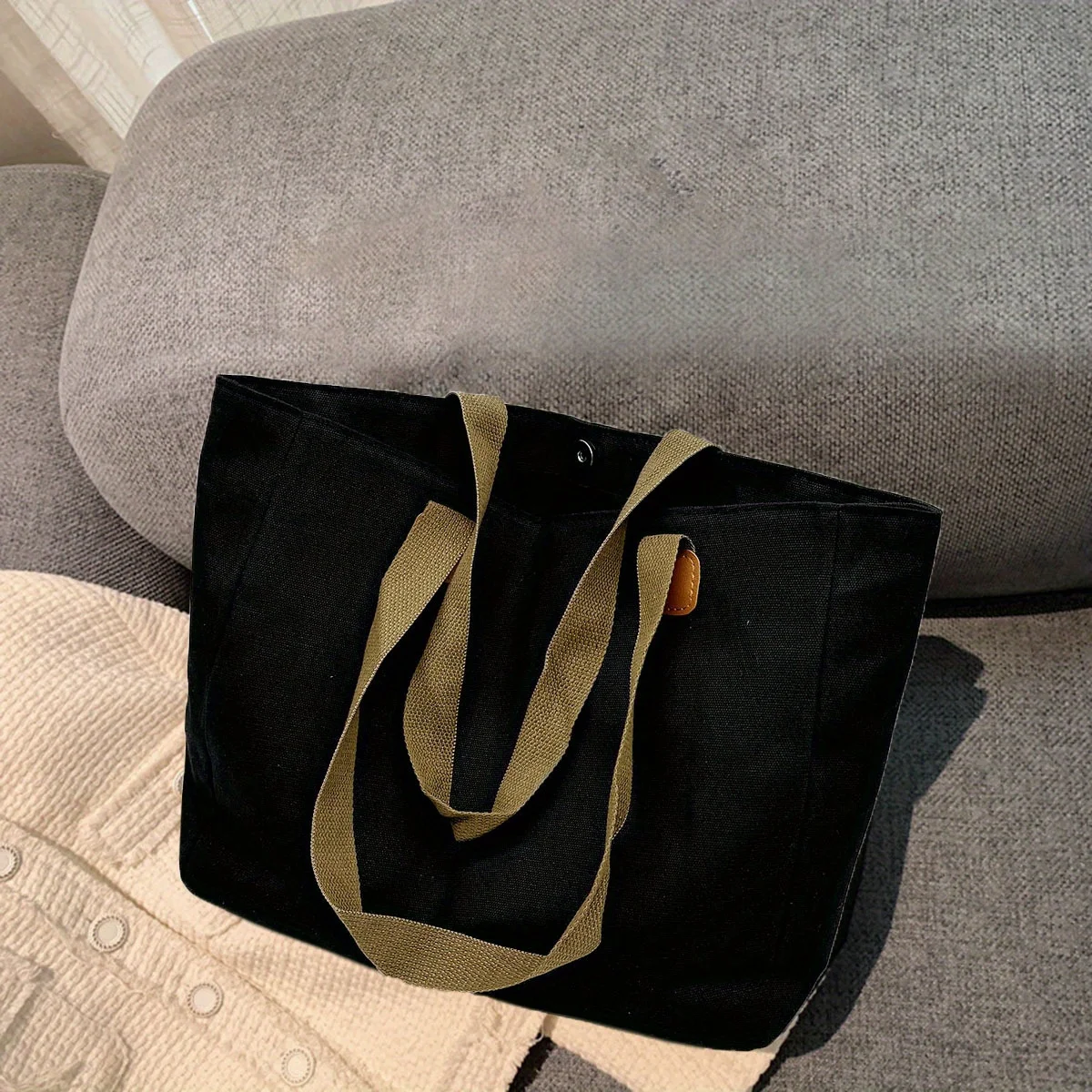 1 Piece Black Artistic Shoulder Bag, Versatile Oversized Canvas Tote for School/Class, Trendy Lazy Aesthetic 