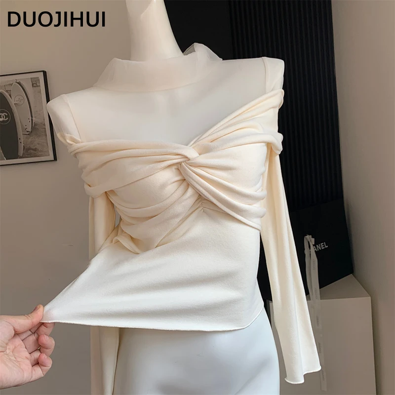 Duojihui Französisch Stricken Herbst neue schlanke weibliche T-Shirts süße schicke Slash Neck grundlegende einfarbige Mode einfache Frauen T-Shirts