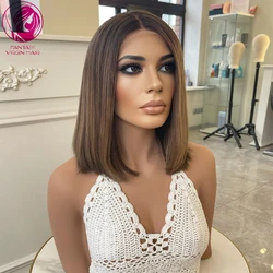 Chestnut Brown Blonde Highlights Lace Frontal Wigs 13x4 100% Real Human Hair Wig New in Short Bob Lace Wig Sale Small Medium Cap