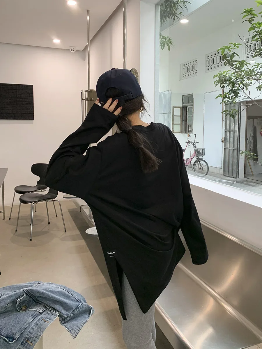 Women Round Neck Long Sleeve T Shirts Loose Oversized Side Slit Longline Cotton Solid Color Casual Daily Basic Summer Tunic Tops view 6