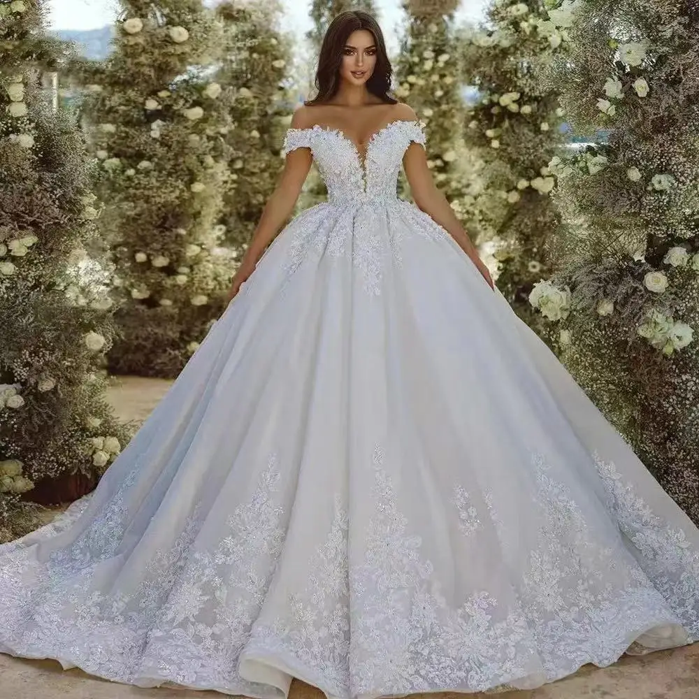 2025 personalizado novo requintado com decote em v longo trem manga curta renda vestido de casamento novia