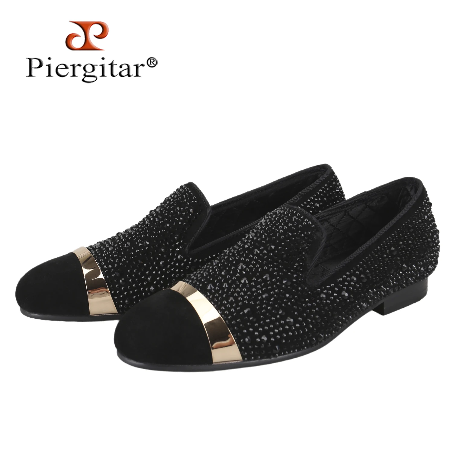 Piergitar Handmade Black Diamonds And Metal Strip Buckle Slip-On Suede Loafers For Banquet Wear Classic Model Men's Casual Shoes