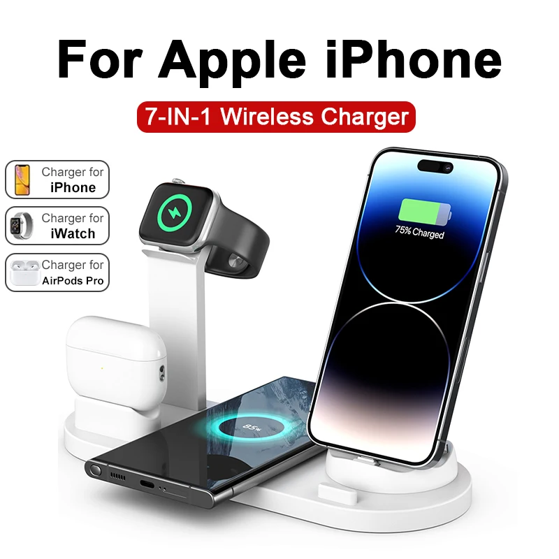 

7 in 1 Wireless Charger Stand For iPhone 15 14 13 Pro Max Phone Chargers For Apple Watch 8 7 Airpods USB C Fast Charging Station