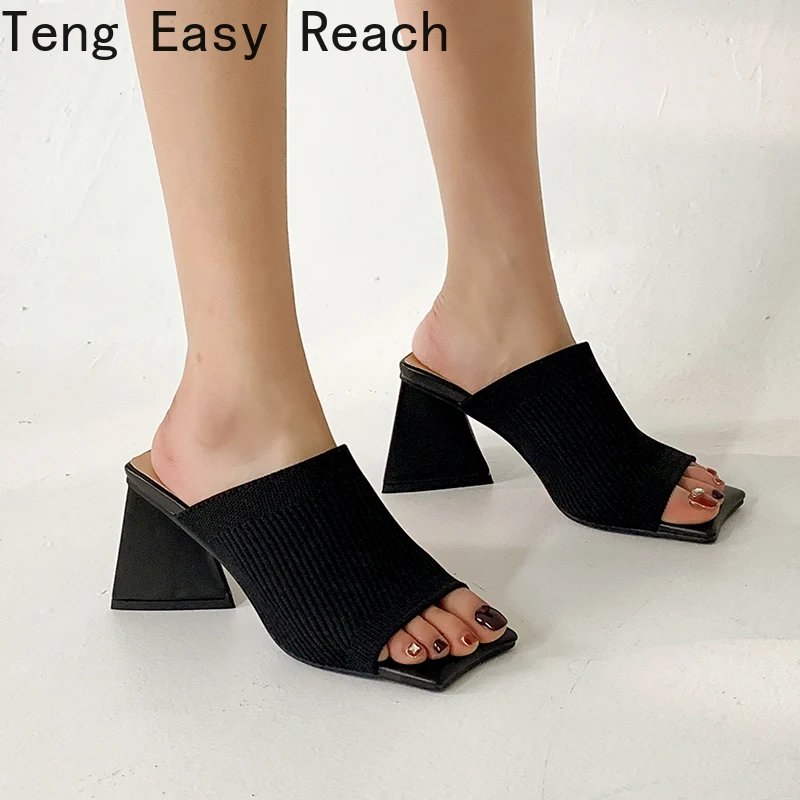 2022 New Summer sandals knitting Triangle Thick heel Slippers Sexy Street Woman Square toes Dress Party shoes black yellow