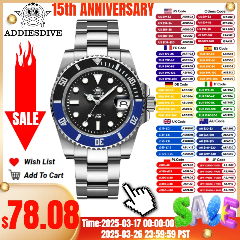 

ADDIESDIVE Watch For Men Ceramic Ring Calendar 200M Waterproof C3 Super Luminous Automatic Mechanical Watches NH35A Reloj Hombre