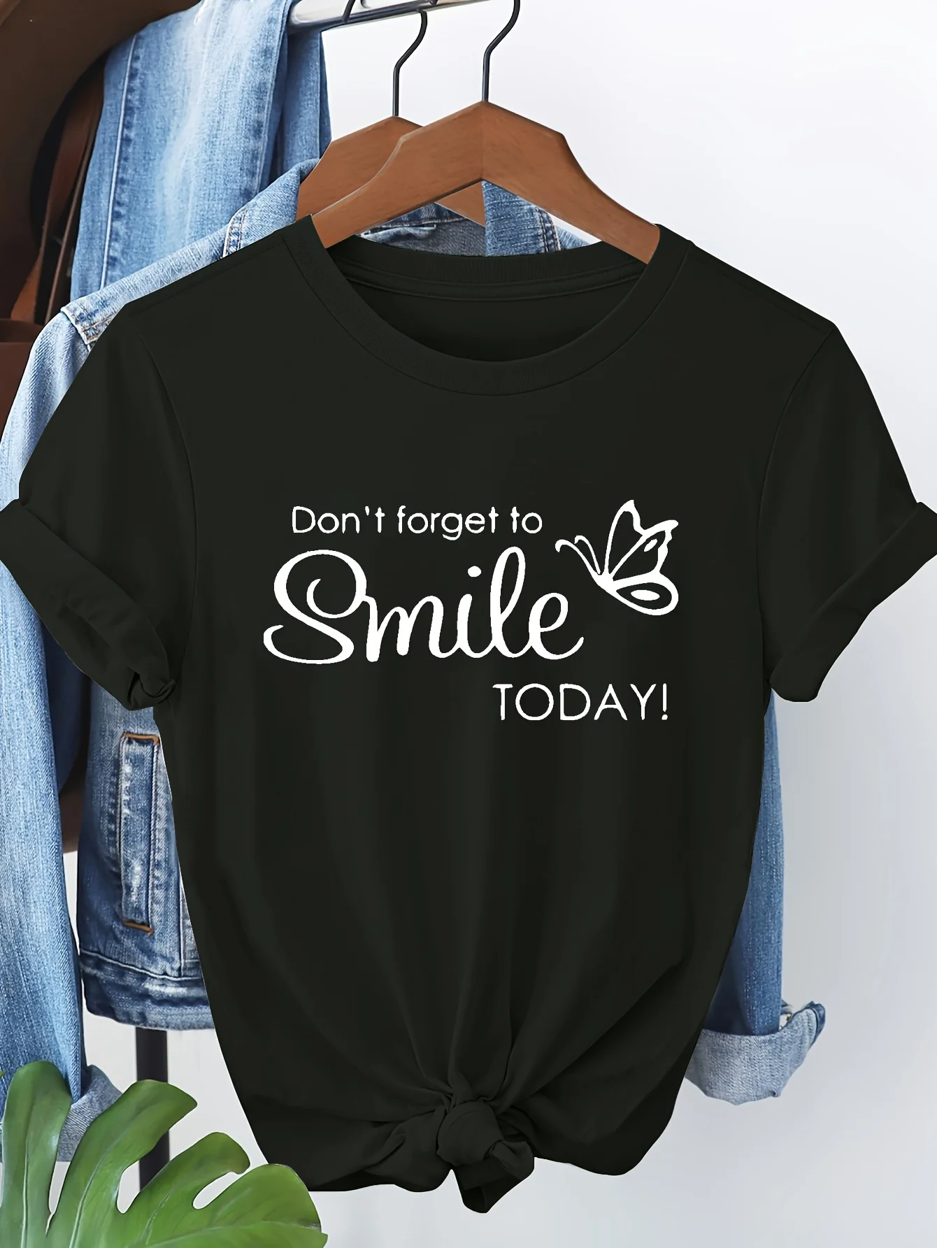 

Женская футболка с коротким рукавом Don't Forget To Smile TODAY! Футболка обычного кроя с графическим принтом бабочки Эстетическая одежда