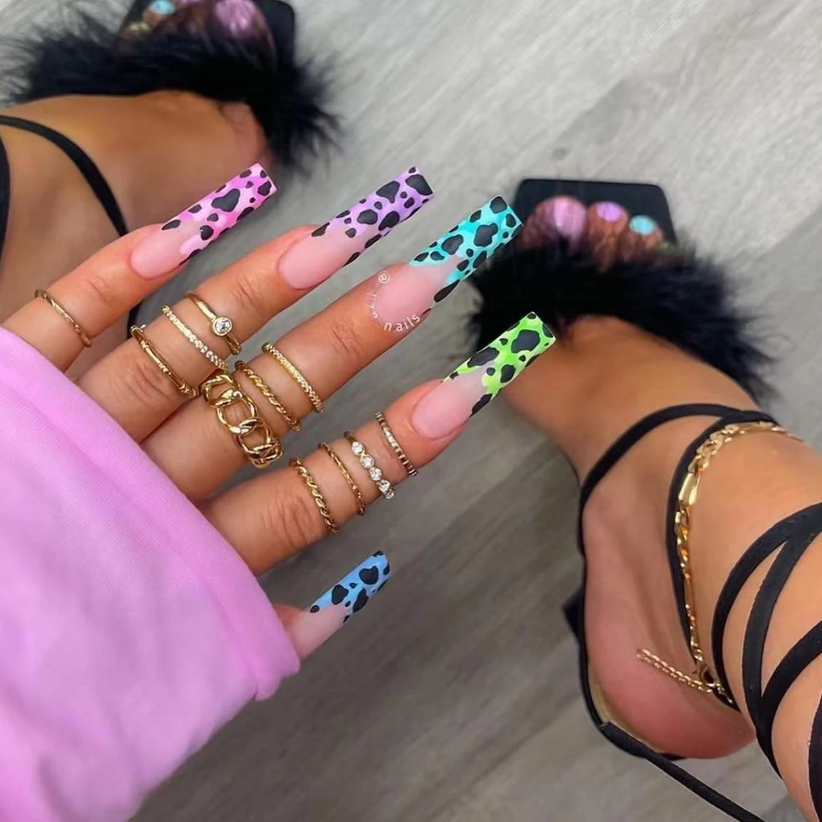 Moda Modne Kobiety Dziewczyny 24Pcs/Set Długi Balet Francuski Kolorowy Leopard Print Pełne pokrycie Nadające się do noszenia Fałszywe paznokcie Naciśnij na Nail Art