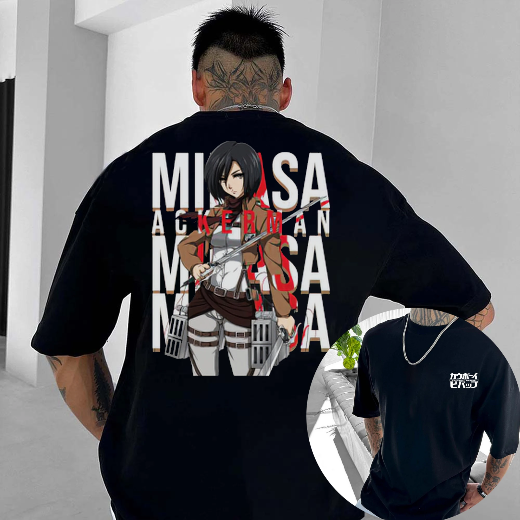 camiseta-masculina-esportiva-de-manga-curta-attack-on-titan-mikasa-ackerman-marrom-com-calca-branca-nova-colecao-verao-2026