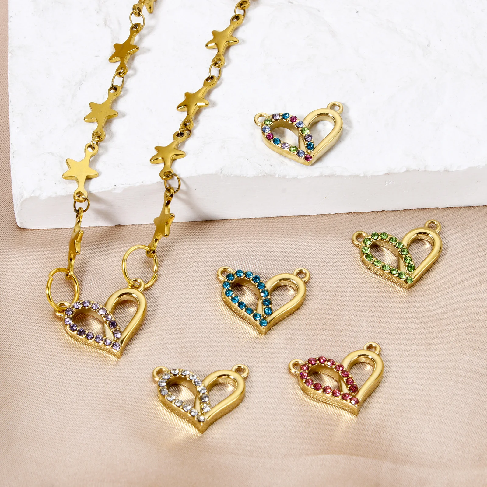 1 pieza de conectores de corazón de acero inoxidable 304 para el Día de San Valentín, colgantes con dijes, chapado en oro Real de 14K, corazón, Zirconia cúbica, fabricación DIY