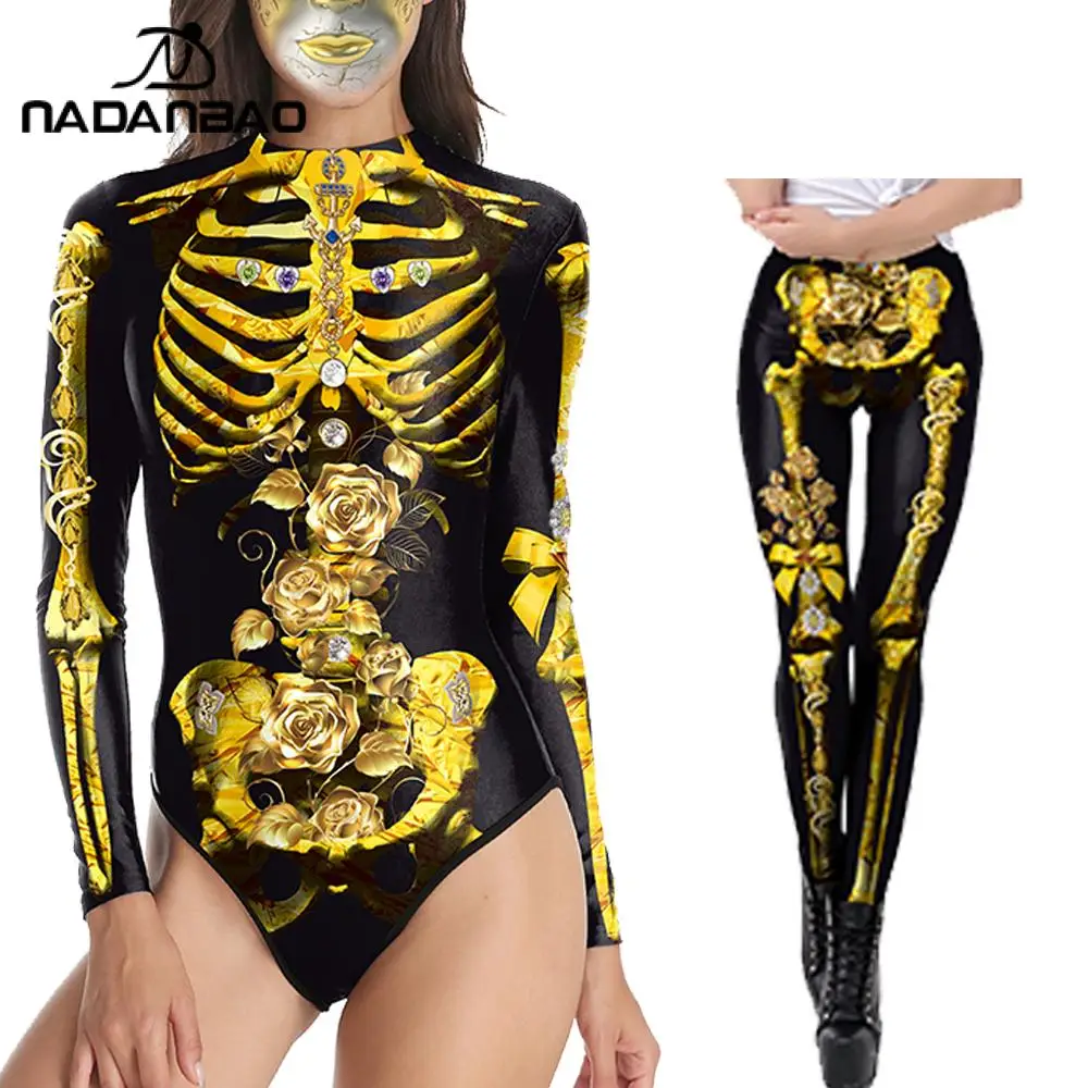 Nadanbao Womens Bodysuits Swimwear Halloween Cosplay Costume Two-Piece Suit Skull Print Set Long Sleeves with Stretch Leggings