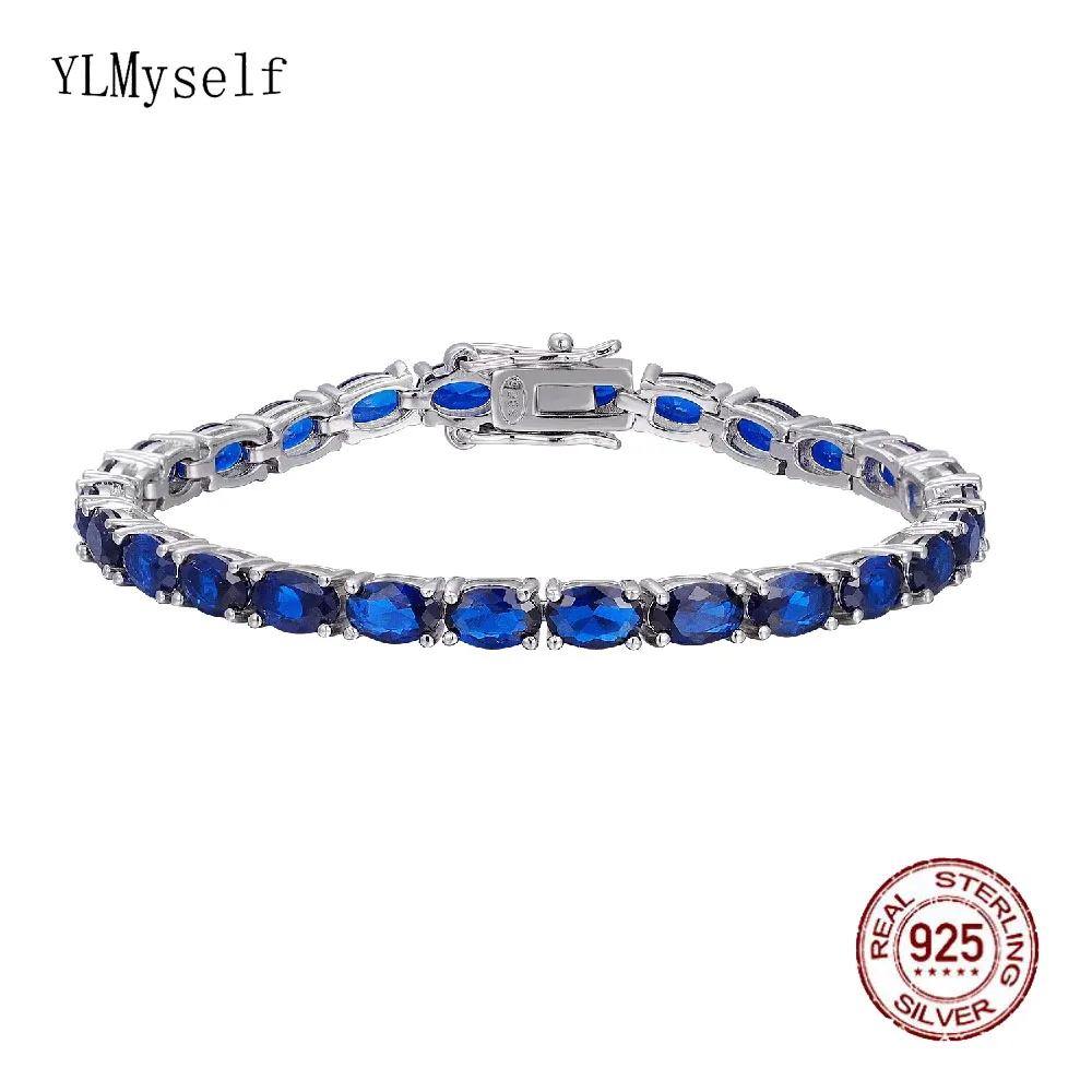 

Women's Pure Silver Bracelet 15-18 Cm Pave Oval Montana Blue Zircon 4*6 Mm & 3*5 Mm Real 925 Jewelry