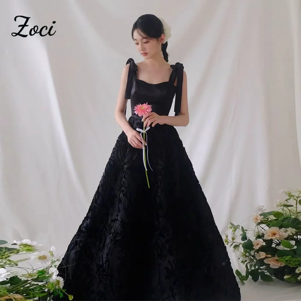 

Zoci Elegant Black Wedding Dresses Bow Straps Satin Lace Bridal Gown Customized Sleeveless Wedding Photos Shoot Dress