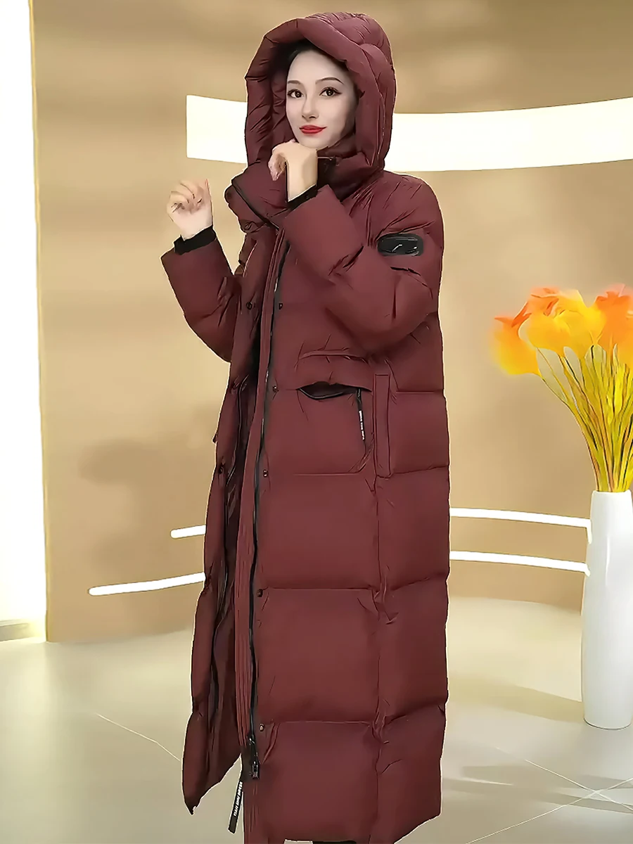 Elegante Piumino Casual di Alta Gamma Bianco da Donna, Cappotto Lungo con Cappuccio e Collo Alto, Novità Invernale