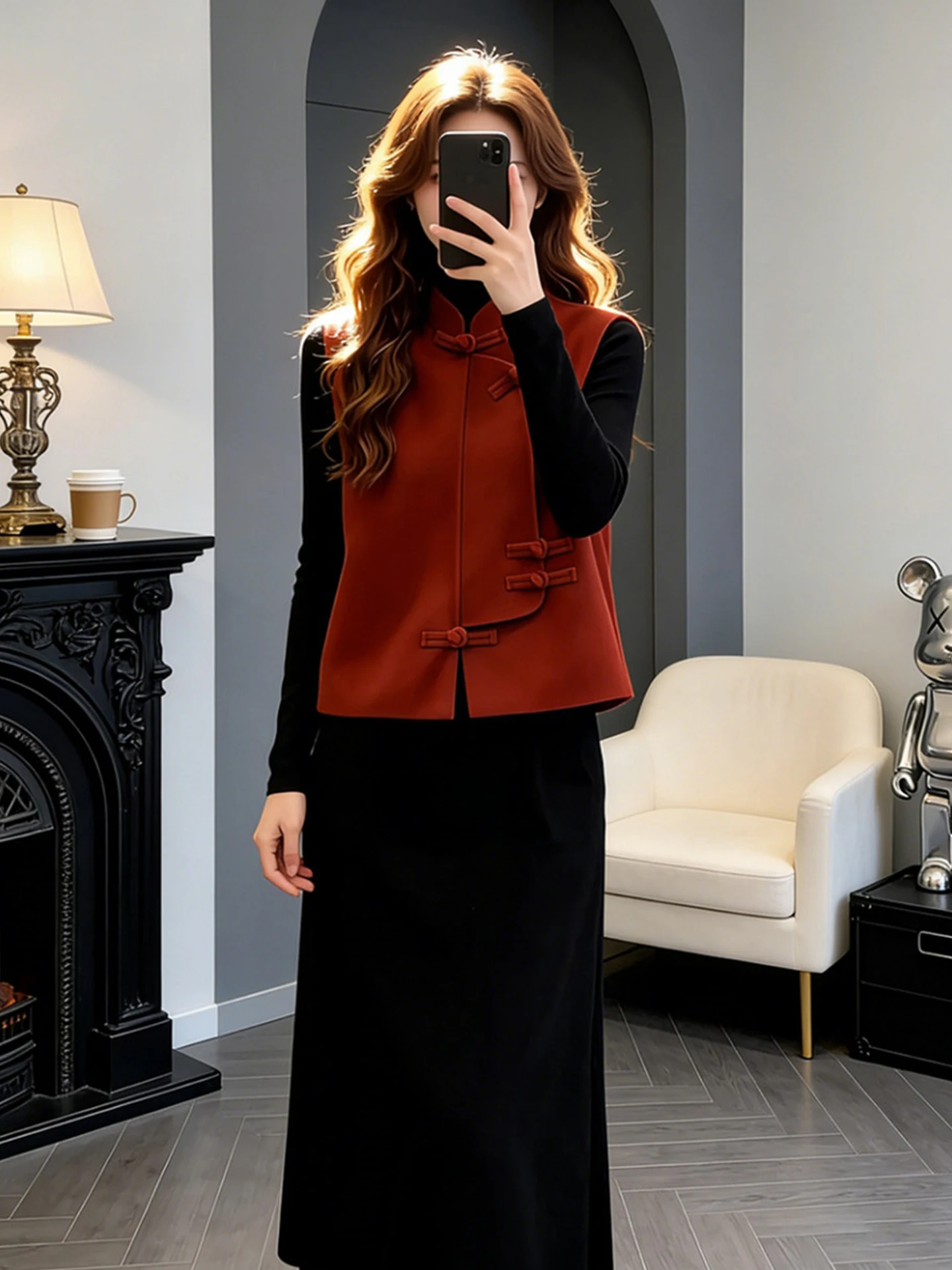 

Костюм женский Ele Red в китайском стиле: жилет с высоким воротником и брюки с высокой талией, повседневный, модный, весенний, новогодний комплект