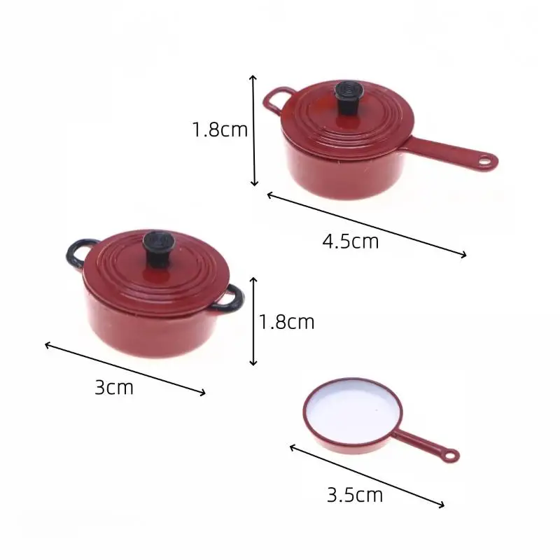 3Pcs/set Dollhouse Miniature Cookware With Lids 1:12 Alloy Enamel Pots And Pans Doll House Kitchen Mini Cooking Play Accessories