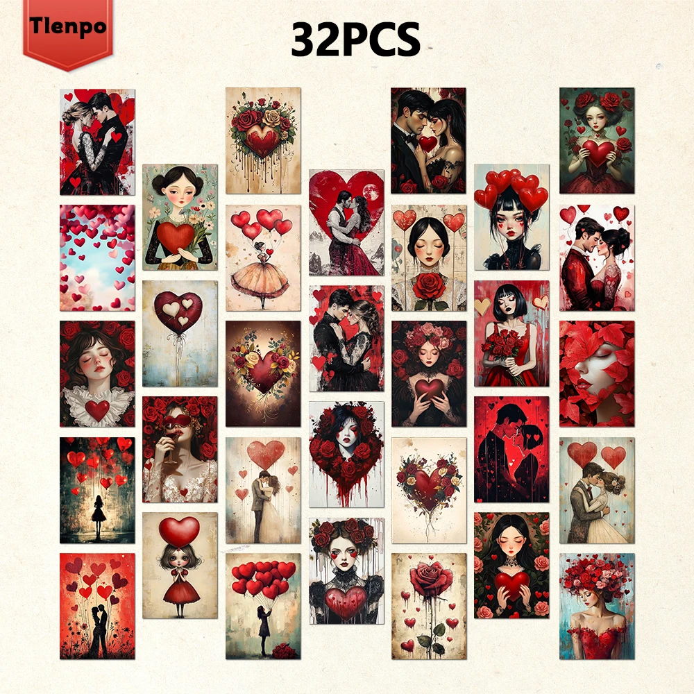 32개 발렌타인 데이 엽서, 장미 테마, 실내 침실 장식, 벽 스티커, 메시지 카드, 인사말 카드, 기념 카드