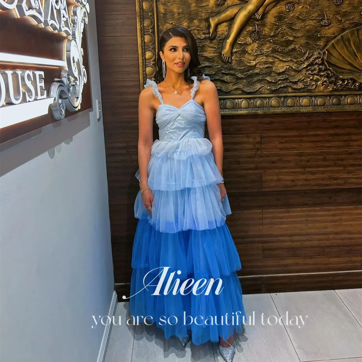 

Aileen Spaghetti Straps Multi-layer Color Matching Blue Chubby Elegant Party Dresses Woman Evening Gala Prom Wedding Dress 2024