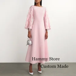 Pink Evening Dress Saudi Arabic Prom Gown Customized Scoop Batwing Sleeve Crystals Feathers A Line Jersey Wedding Party Dresses