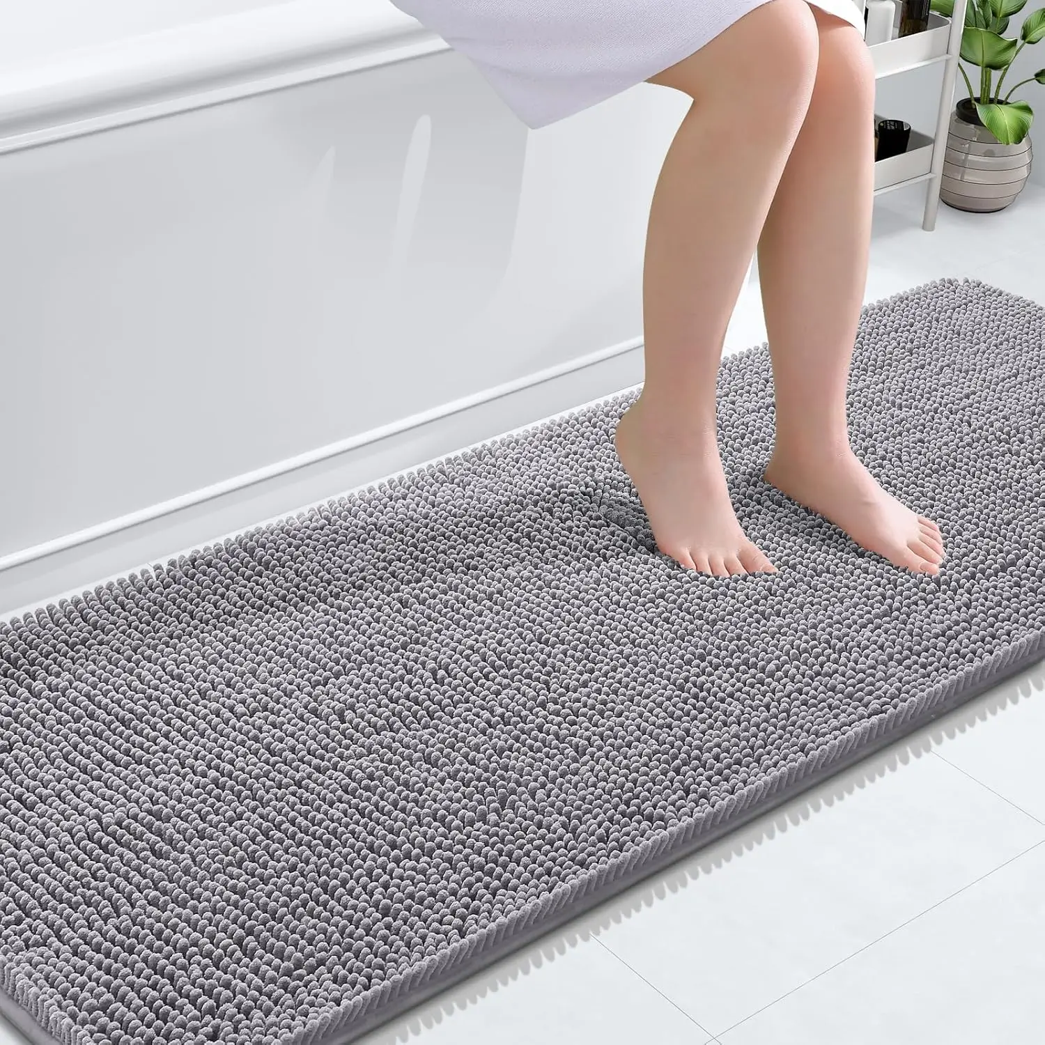 

Extra Soft Absorbent Chenille Bath Rug, 70x24, Quick Dry Rubber Backing, Machine Washable for Bathroom Floor and Shower, Grey