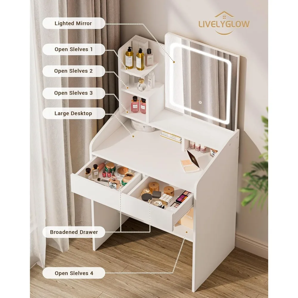 

Small White Vanity Desk Set: Makeup Desk with Square Mirror & Light - Includes Drawer​