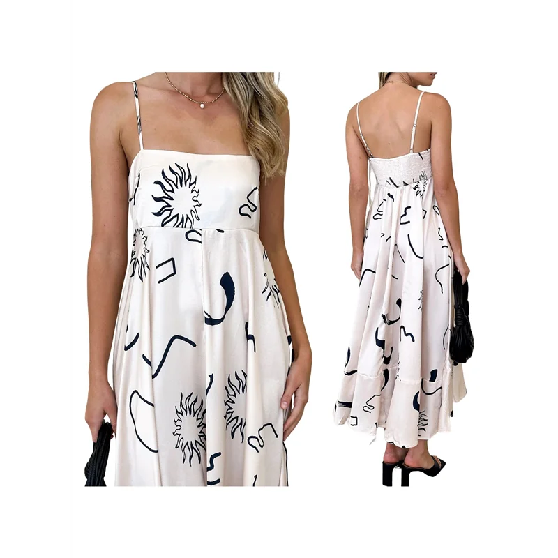ABRT-Damska Sukienka Maxi z Grafiką na Cienkich Ramiączkach, Kwiatowa Sukienka Boho, Długa, Zwiewna Sukienka Letnia na Wakacje na Plażę