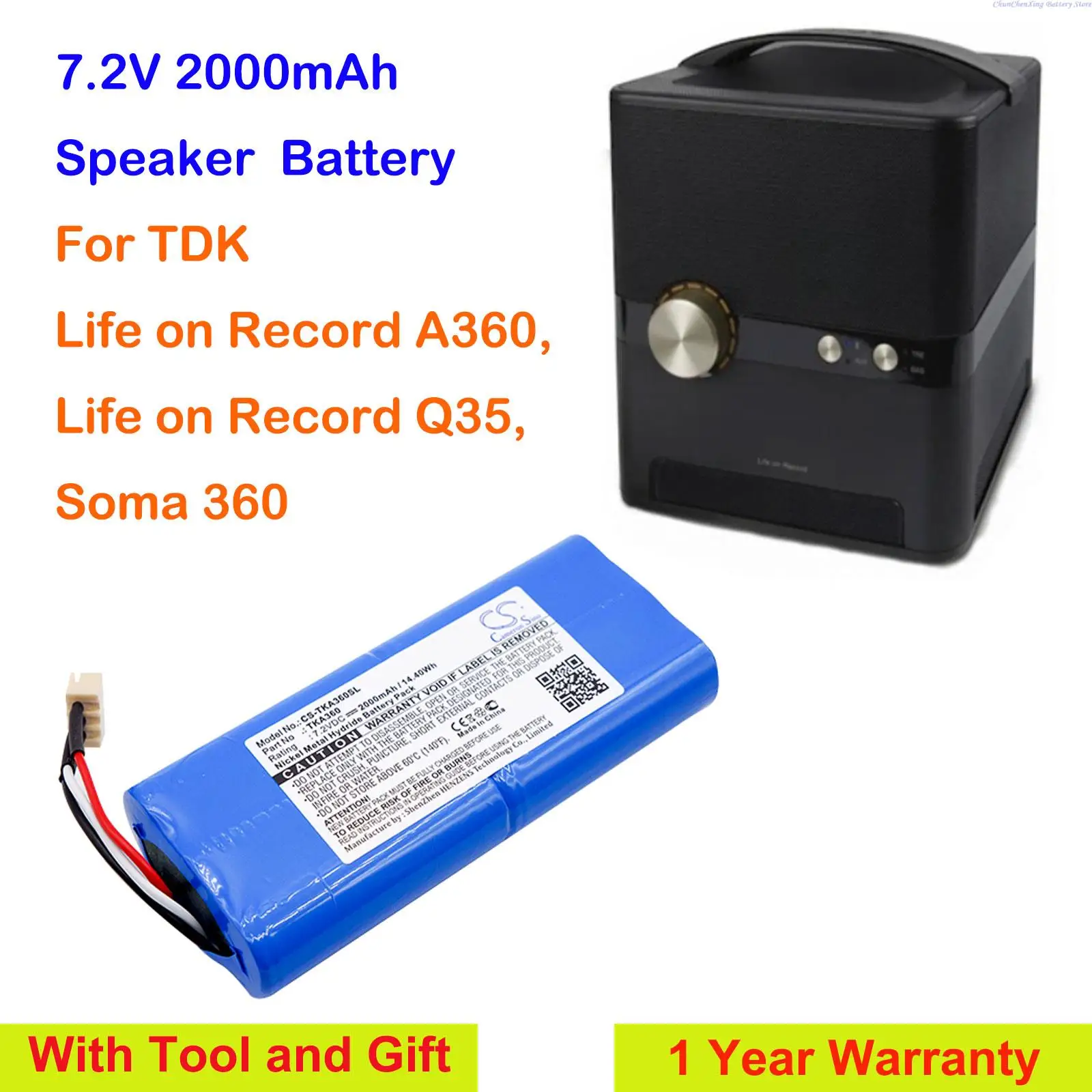 2000mAh Speaker Battery for TDK Life on Record A360, Life on Record Q35, Soma 360