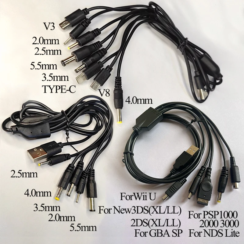 1 Set Multifunktionales USB-Gaming-Kabel 1 zu 5/8 Ladeanschluss für New3DS NDSL Wii U PSP1000/2000 - Langlebiges Gaming-Zubehör