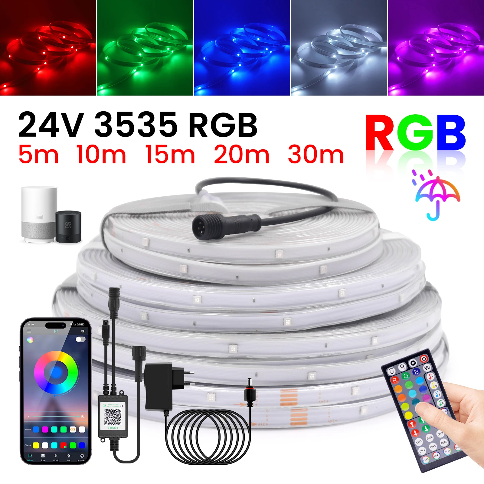 IP67 Waterproof LED Strip Lights 24V 3535SMD Bluetooth Music RGB LED Light 5m 10m 30m 60m Flexible Ribbon Rope Lamp with Remote