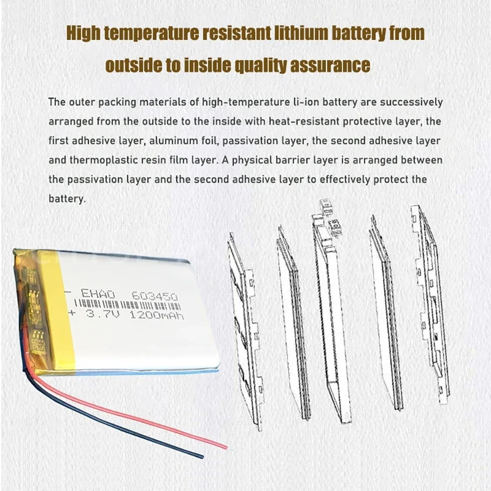 3.7V 1200mAh 603450 Lithium Polymer LiPo Rechargeable Battery 3 wires For GPS PSP DVD mobile video game PAD E-books tablet PC