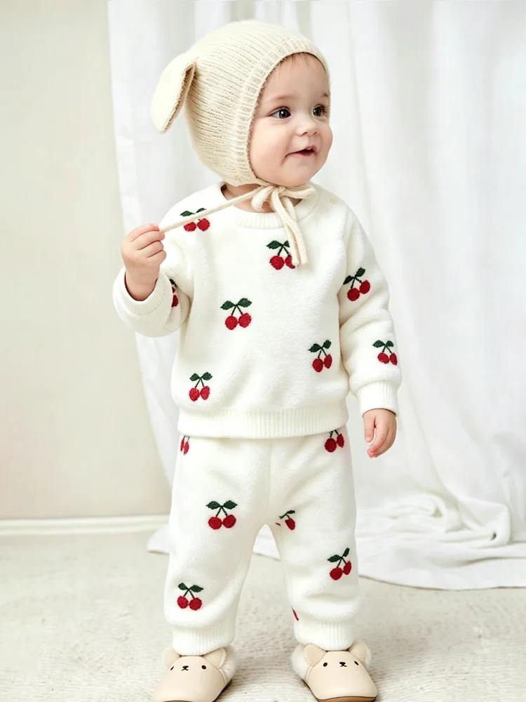 Autumn Winter Baby Girl Suit Sweet Cherry Pattern Soft Knitted Baby Clothing Set Toddler Girls Outfit 2Pcs Infant Sweater Set