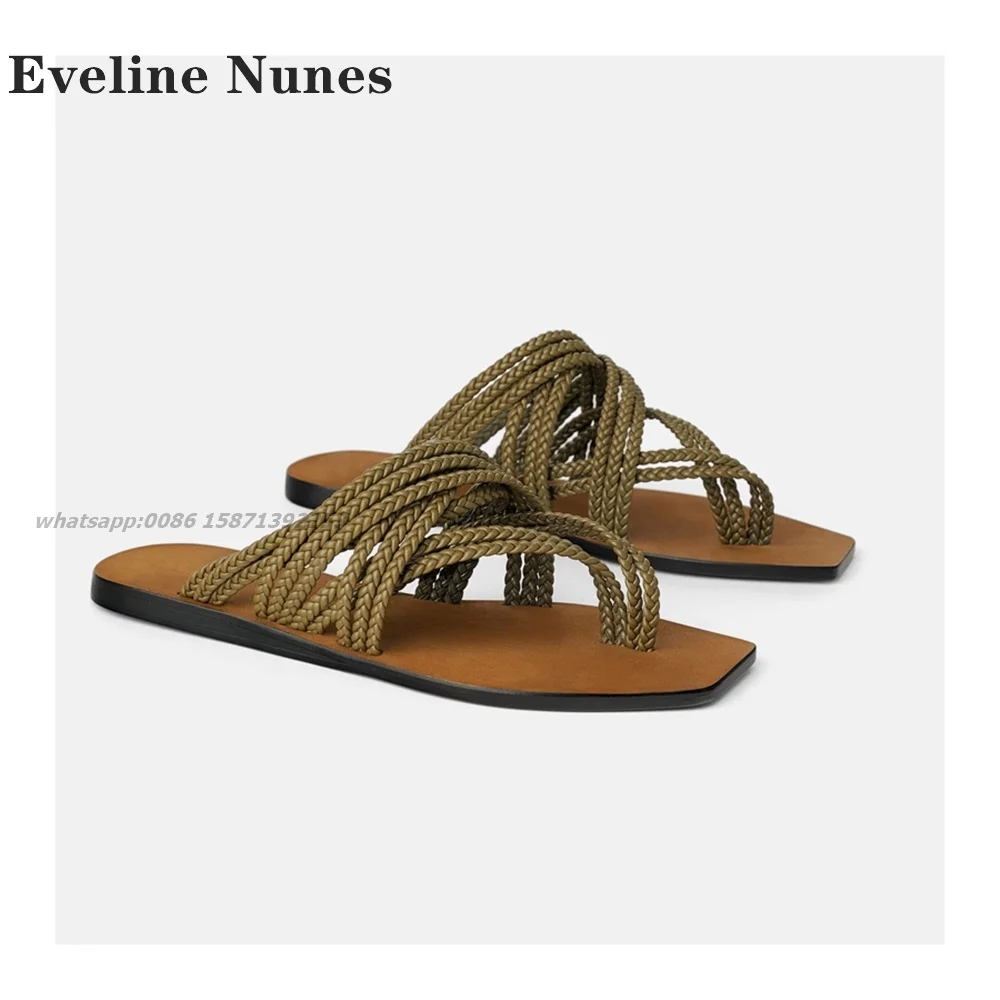 

Woven Flip Flops Flat Sandals Square Toe Cross-Strappy Slingback Side Air Shallow Slippers Slip On Narrow Band Casual Shoes 2024