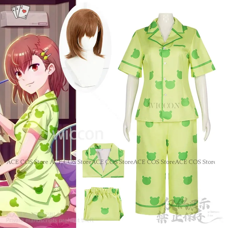 Anime Misaka Mikoto Toaru Kagaku No A Certain Scientific Railgun Kawaii Green Frog Pajamas Wigs Suit For Girls Womanx;4'b,5;y,8