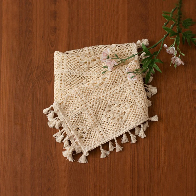 Square Lace Blanket Newborn Baby Photo Shoot Wrap Backdrop Cotton Vintafe Beige Tassel Blanket Photography Swaddle Basket Filler