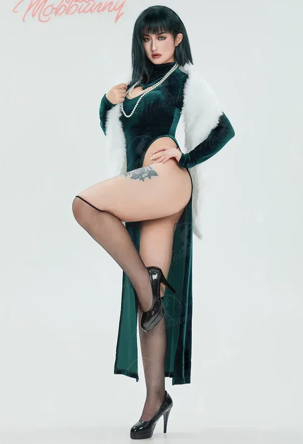 CosplayMobbunny 여성용 란제리 드레스 세트 하이 슬릿 드레스와 숄 스타킹과 목걸이 코스프레 의상