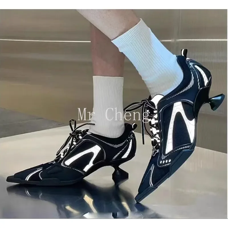 

Mesh Strange Style Patchwork Reflective Sneakers Pointed Toe Lace Up Sewing Fashion Sexy Pumps Punk Spicy Girl Shoes 2024 Newest