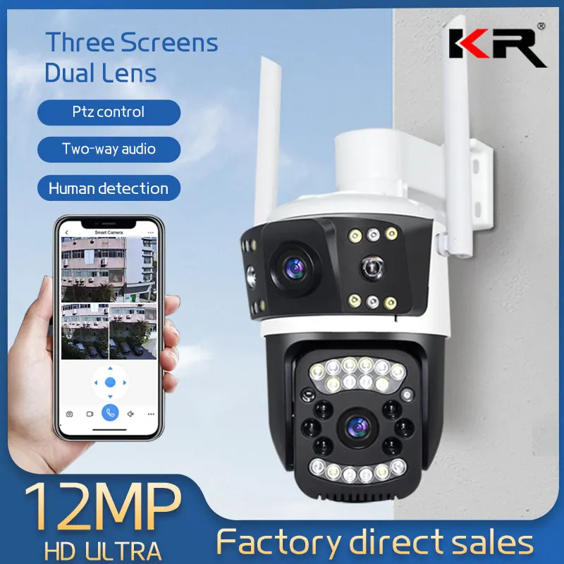 

12MP PTZ WiFi 6K Dual Lens Screen Camera Outdoor Three Screens Protection Motion Detection Outdoor IP CCTV Survalance Cameras