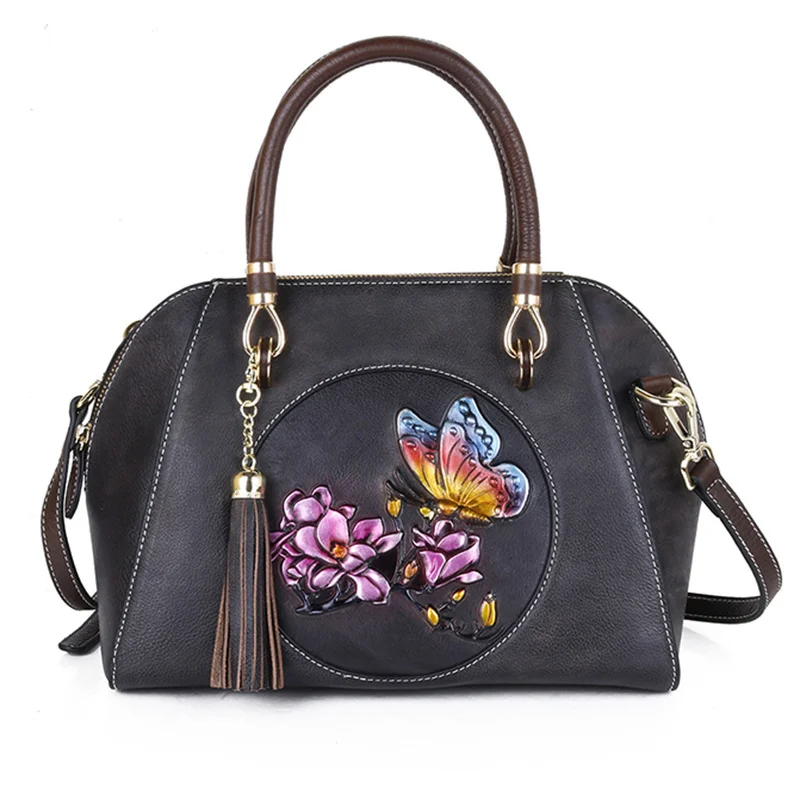 Women Shoulder Crossbody Genuine Leather Bag Cowhide Floral Butterfly Pattern Retro Female Handbag Messenger Tote Embossed Bags