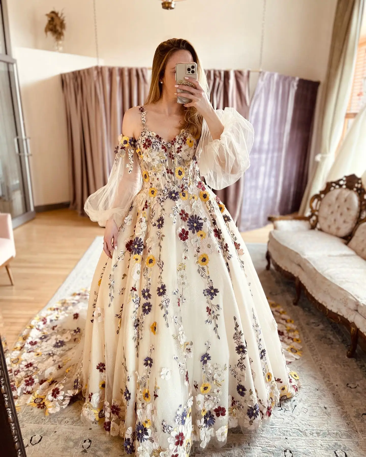 Sweetheart Puff Sleeves Long Tail 3D Flowers Champagne Chubby Elegant Party Dresses Customized for Wedding Evening Woman Gala