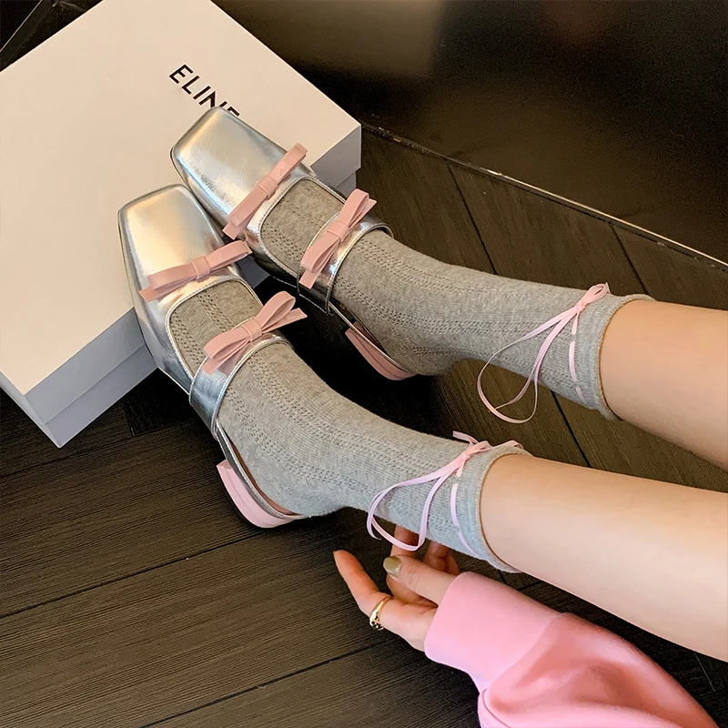 2024 New Genuine Leather Square Head Shallow Mouth Single Shoes Women's Bow Versatile Comfortable Low Heel Thick Heel Small Shoe