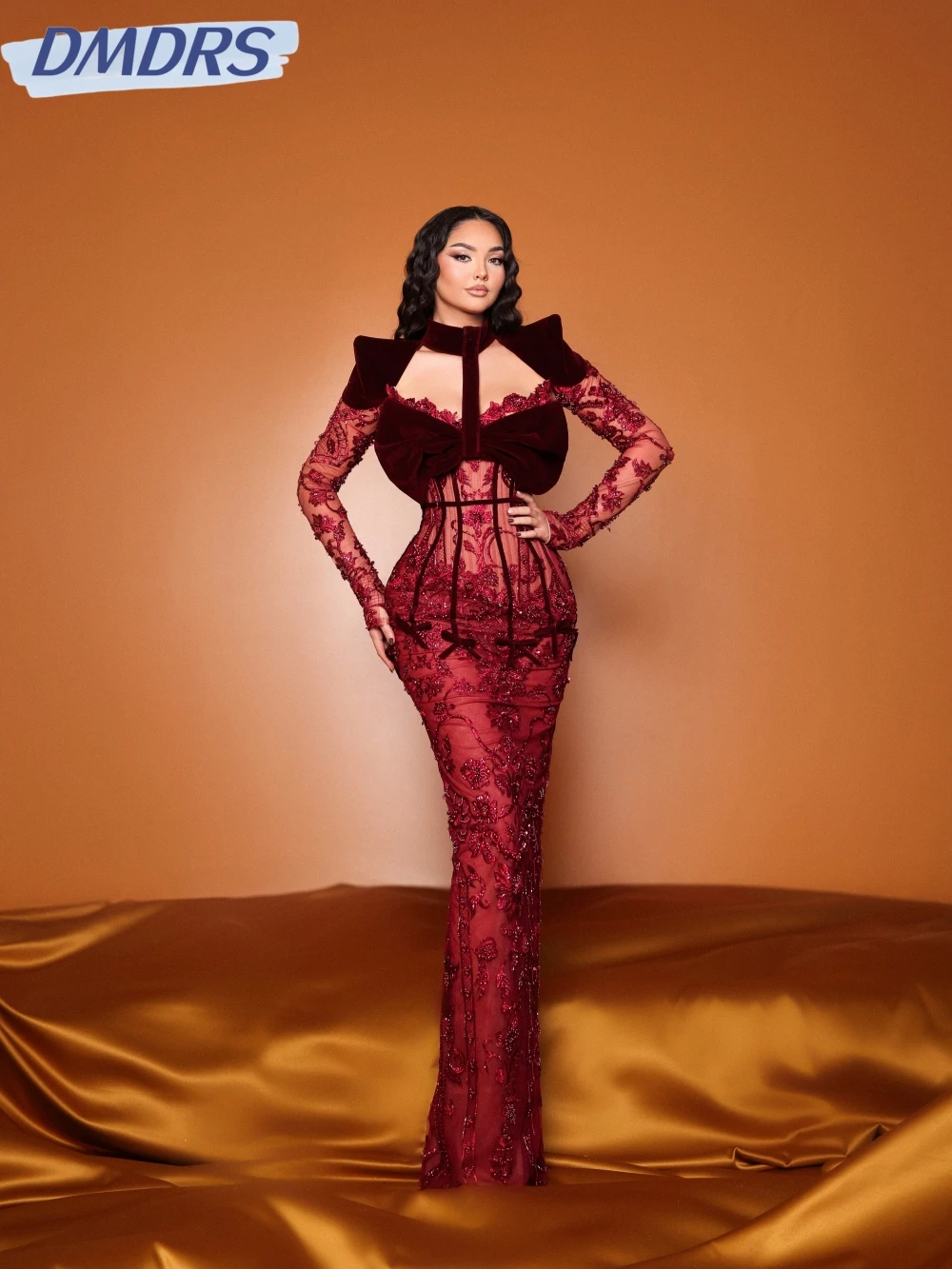

Wine Red Beaded Appliques Evening Dress Sexy Illusion Long Sleeve Wedding Party Gown Customized Luxury Straight Prom Dresses