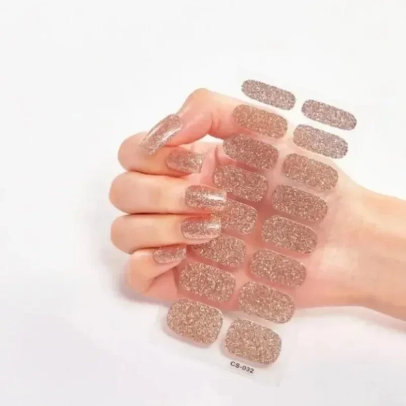 16 Tipps Glitzerfolie Halbgehärtete Gel-Nagelaufkleber French Sparkles Gel-Nagelstreifen Patch Sliders UV-Lampe erforderlich Full Cover Stcikers